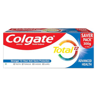 Colgate Total 300gm (2 x 150gm) Advanced Health Antibacterial Toothpaste, Tooth Paste with 12-Hour Anti-Germ Protection, Whole Mouth Health, World's No. 1* Germ-fighting Toothpaste (Combo Pack Offer)