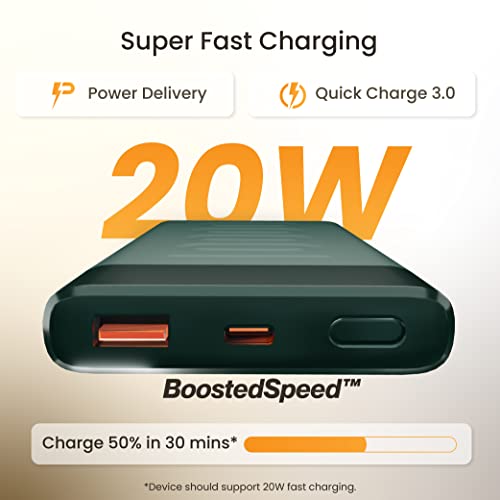 Ambrane 10000mAh Slim Power Bank, 20W Fast Charging, Dual Output, Type C PD (Input & Output), Quick Charge, Li-Polymer, Multi-Layer Protection for iPhone, Anrdoid & Other Devices (Stylo 10K, Green)