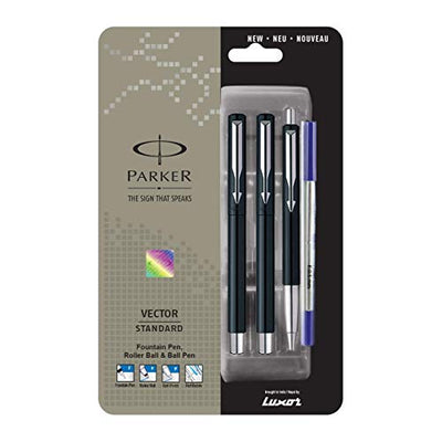 Parker Vector Standard Fountain Pen, Roller Ball Pen and Ball Pen Black Body Combo Pack - Blue Ink, Pack Of 1