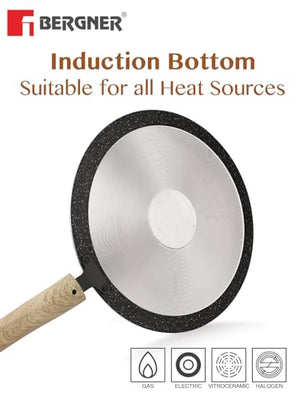 BERGNER Earth Black Non-Stick 26 cm Concave Tawa, Wooden Finish Soft Touch Handle, 3mm Thickness, Consumes Less Oil, Even Heat Distribution, White Marble Splatter, Induction Bottom and Gas Ready