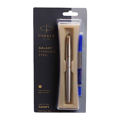 Parker Galaxy Stainless Steel Gold Trim Roller Ball Pen - Blue Ink, Pack Of 1