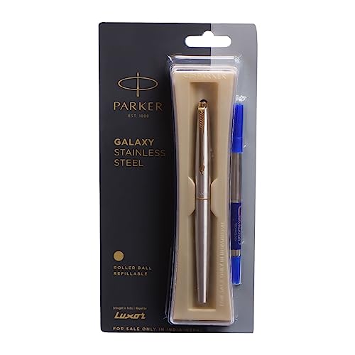 Parker Galaxy Stainless Steel Gold Trim Roller Ball Pen - Blue Ink, Pack Of 1