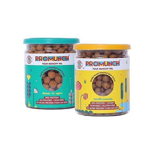 PROMUNCH Roasted Soya Snack - Pack of 2, Flavour: Noodle Masala and Cheese & Onion - 150G Each