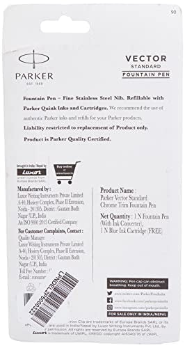 Parker Vector Standard Chrome Trim Fountain Pen - Blue Ink, Pack Of 1