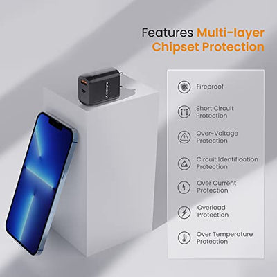 Ambrane 30W USB & Type-C Dual Port Boosted Speed Mobile Charger Adapter, Fast Charger with QC & PD Technology, Compatibility with iPhone & Android, Made in India, Compact & Durable(RAAP H33, Black)