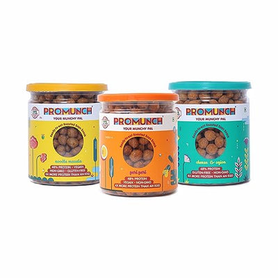 PROMUNCH Roasted Soya Snack - Pack of 3, Flavour: Cheese & Onion, Peri-Peri And Noodle Masala,150 g Each