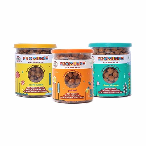 PROMUNCH Roasted Soya Snack - Pack of 3, Flavour: Cheese & Onion, Peri-Peri And Noodle Masala,150 g Each