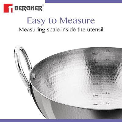 BERGNER BE Essentials 16 cm Hammered Kadai, 990ml Kadhai Without Lid, Thickness 2.2 mm, Food Safe, Sturdy and Durable, Easy to Clean, Gas Stove Ready, Dishwasher Safe, 5-Year Warranty, Silver