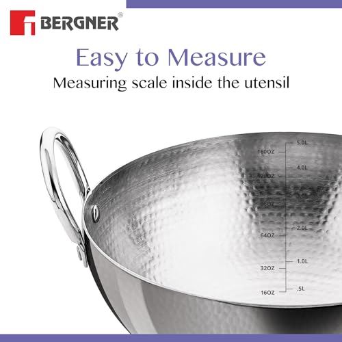 BERGNER BE Essentials 16 cm Hammered Kadai, 990ml Kadhai Without Lid, Thickness 2.2 mm, Food Safe, Sturdy and Durable, Easy to Clean, Gas Stove Ready, Dishwasher Safe, 5-Year Warranty, Silver