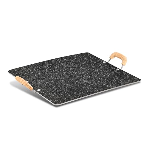 Bergner Bellini Plus Aura 5-Layer Non-Stick 30cm Pathri Tawa, Flat Rectangle Pathri Tawa with Soft Touch Wooden Finish Handle, PFOA Free, 4mm Thickness, Induction Bottom, Black
