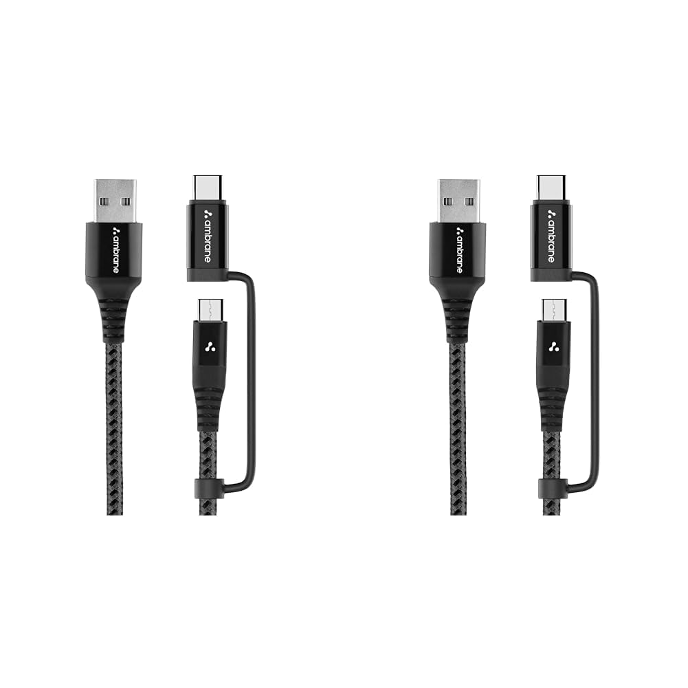 Ambrane 2 in 1 Type-C & Micro USB Cable with 3A Fast Charging Mobile Cable, 480 mbps Data Sync, Quick Charge 3.0, 1m Braided Cable, Compatible with All Type-C & Micro USB Devices (ABDC-10, Black)