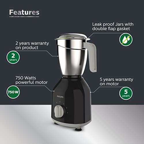 Philips HL7759/00 Mixer Grinder, 750W Turbo Motor, 4 Jars (Black), Quick cool ventilation for longer motor life