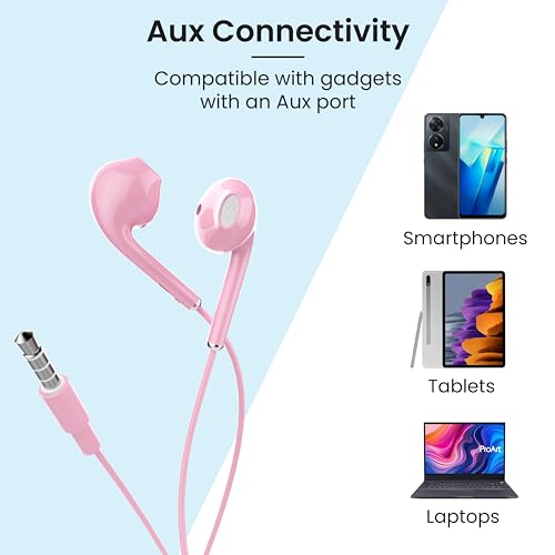 Ambrane Wired in Ear Earphones with in-line Mic for Clear Calling, 14mm Dynamic Drivers for BoostedBass™, 3.5mm Jack, Multi-Functional Controller (Stringz 38 Lite, Pink)