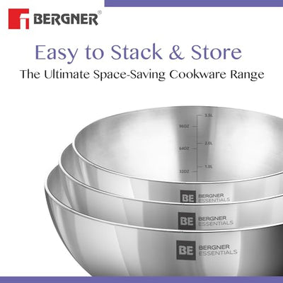 Bergner BE Essentials Tri-Ply Stainless Steel 18 cm Tasra, Steel Kadai/Tasla Without Handle, Even Heat Distribution, Easy to Clean, Gas Stove Compatible, Silver, 5-Year Warranty