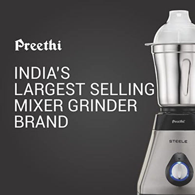Preethi Steel Supreme MG-208 mixer grinder, 750 watt (Silver/ Black), 4 jars - Super Extractor juicer Jar, Vega W5 motor with 5yr Warranty & Lifelong Free Service