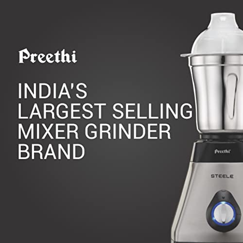 Preethi Steel Supreme MG-208 mixer grinder, 750 watt (Silver/ Black), 4 jars - Super Extractor juicer Jar, Vega W5 motor with 5yr Warranty & Lifelong Free Service