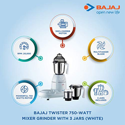 Bajaj Twister Mixer Grinder, 750W, 3 Jars (White) (Indian Plug)