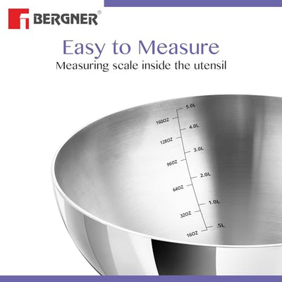 Bergner BE Essentials Tri-Ply Stainless Steel 28 cm Tasra, Steel Kadai, Large Tasla Without Handle, Even Heat Distribution, Easy to Clean, Induction Bottom and Gas Stove Ready, 5 Year Warranty