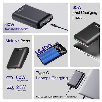 Ambrane 60W Fast Charging Powerbank for MacBook, Type C Laptop & Mobile Charging, Lithium Ion Battery, Metallic Body, Triple Output, Power Delivery & Quick Charge (Powerlit Boost, Black)