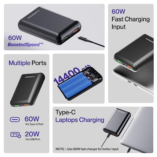 Ambrane 60W Fast Charging Powerbank for MacBook, Type C Laptop & Mobile Charging, Lithium Ion Battery, Metallic Body, Triple Output, Power Delivery & Quick Charge (Powerlit Boost, Black)