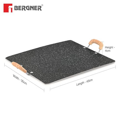 Bergner Bellini Plus Aura 5-Layer Non-Stick 30cm Pathri Tawa, Flat Rectangle Pathri Tawa with Soft Touch Wooden Finish Handle, PFOA Free, 4mm Thickness, Induction Bottom, Black