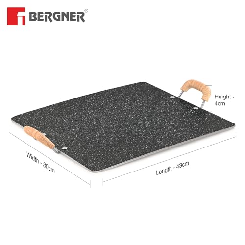 Bergner Bellini Plus Aura 5-Layer Non-Stick 30cm Pathri Tawa, Flat Rectangle Pathri Tawa with Soft Touch Wooden Finish Handle, PFOA Free, 4mm Thickness, Induction Bottom, Black