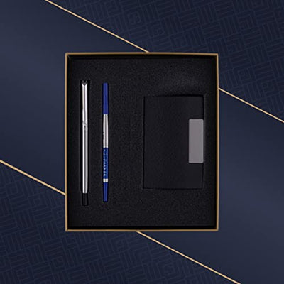 Parker Vector Stainless Steel Roller Ball Pen Chrome Trim With Card Holder Gift Set - Blue Ink, Pack Of 1