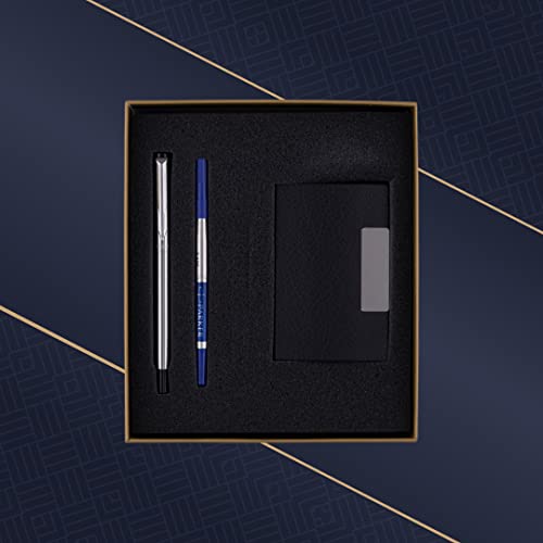 Parker Vector Stainless Steel Roller Ball Pen Chrome Trim With Card Holder Gift Set - Blue Ink, Pack Of 1