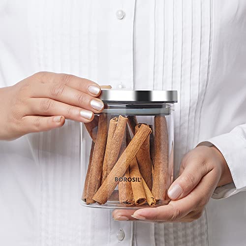 Borosil Classic Glass Jar, Air-Tight Storage Container For Kitchen, Glass Jar For Storing Spices, Snacks, Grains, Dals, Set of 2 (600 ml each), Clear