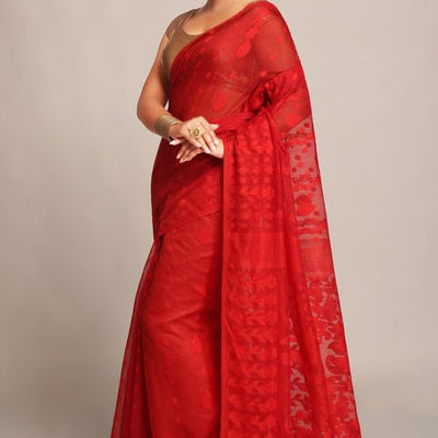 BENGAL HANDLOOM Women's Cotton Silk Dhakai Bbd1 Soft Jamdani Sarees, Red