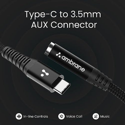 Ambrane Type C to 3.5 mm Audio Jack Connector, Headphones Jack Converter for Samsung, oneplus, iPod and Other Devices (ACXS-1, Black)