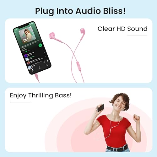 Ambrane Wired in Ear Earphones with in-line Mic for Clear Calling, 14mm Dynamic Drivers for BoostedBass™, 3.5mm Jack, Multi-Functional Controller (Stringz 38 Lite, Pink)