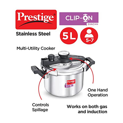 Prestige 5 Litres Svachh Clip-on Induction Base Outer Lid Stainless Steel Pressure cooker | Easy to Open lid | Deep Lid controls spillage | Silver | Pressure Indicator | Anti-bulge Base | Cool Touch Weight