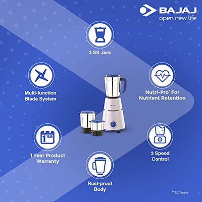 Bajaj Pluto 500W Mixer Grinder with 2 in 1 Function Blade, 3 Jars, White (Indian Plug)