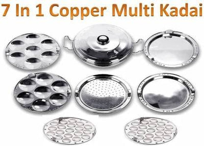 Bigbought All-in-One Stainless Steel Idli Cooker Kadai Steamer with Copper Bottom, Big Size with 7 Plates 2Idli 2 Dhokla 1 Patra 2 Mini idli plate Induction & Standard Idli Maker (7 Plates,14 Idlis)