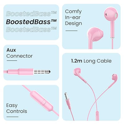 Ambrane Wired in Ear Earphones with in-line Mic for Clear Calling, 14mm Dynamic Drivers for BoostedBass™, 3.5mm Jack, Multi-Functional Controller (Stringz 38 Lite, Pink)