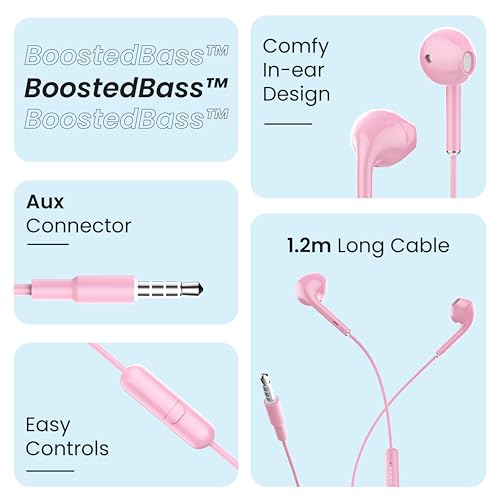 Ambrane Wired in Ear Earphones with in-line Mic for Clear Calling, 14mm Dynamic Drivers for BoostedBass™, 3.5mm Jack, Multi-Functional Controller (Stringz 38 Lite, Pink)