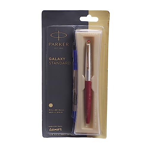 Parker Galaxy Stainless Steel Gold Trim Roller Ball Pen Red Body - Blue Ink, Pack Of 1