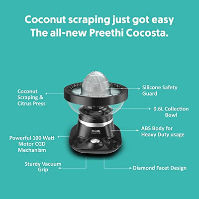Preethi Cocosta Kp001 Coconut Scraper&Citrus Juicer,100% Safe Dual Protection Scraper With Safety Switch&Silicon Cap,Spillage Free Collection Bowl,100 Watt,2Yr Guarantee,
