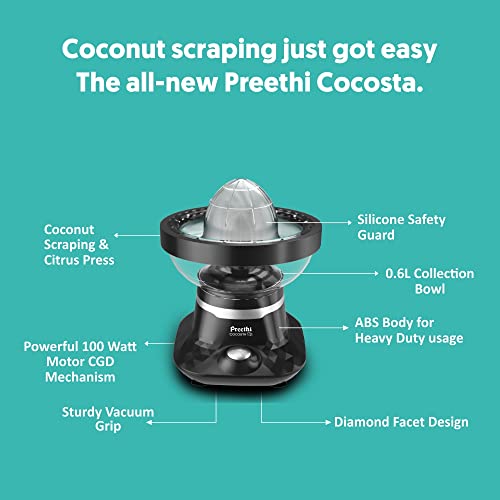 Preethi Cocosta Kp001 Coconut Scraper&Citrus Juicer,100% Safe Dual Protection Scraper With Safety Switch&Silicon Cap,Spillage Free Collection Bowl,100 Watt,2Yr Guarantee,