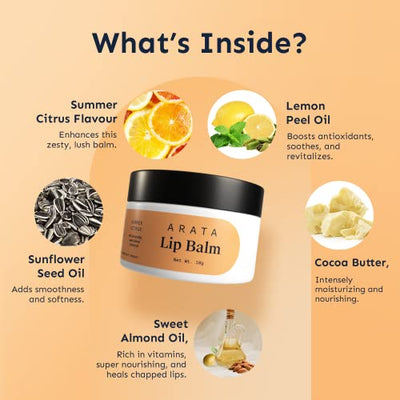 Arata Citrus Lip Balm (10 G) For Dry, Chapped Lips | Intensely Moisturizing | Cocoa Butter, Sweet Almond & Lemon Oil | All-Natural, Vegan