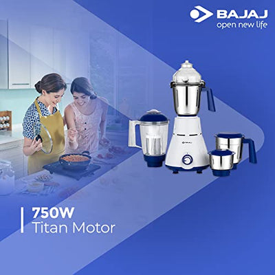 Bajaj Rex 750W Mixer Grinder with Nutri Pro Feature, 4 Jars, White (Indian Plug)