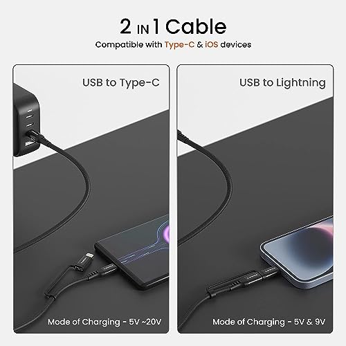Ambrane 2-in-1 Type-C & Lightning Cable with 60W Fast Charging, PD Technology, 480Mbps Data Sync, Braided Cable Compatible with All Type-C & iPhone, iPad, Macbook & Airpods, 1.2m (ACDCS-12, Black)