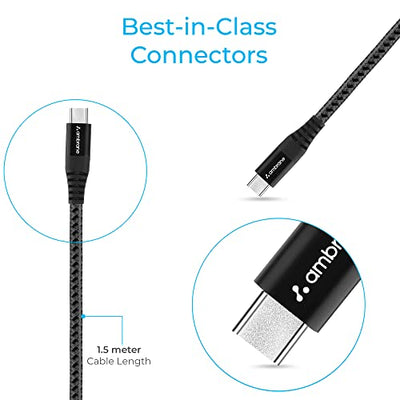 Ambrane Unbreakable 60W / 3A Fast Charging 1.5m Braided Type C to Type C Cable for Smartphones, Tablets, Laptops & other Type C devices, PD Technology, 480Mbps Data Sync (RCTT15, Black)
