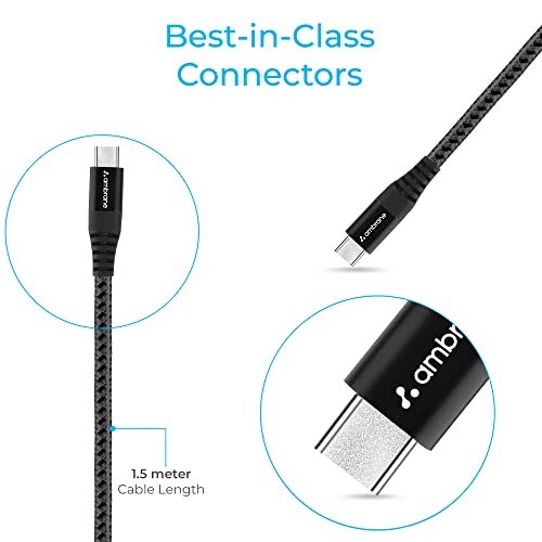 Ambrane Unbreakable 60W / 3A Fast Charging 1.5m Braided Type C to Type C Cable for Smartphones, Tablets, Laptops & other Type C devices, PD Technology, 480Mbps Data Sync (RCTT15, Black)