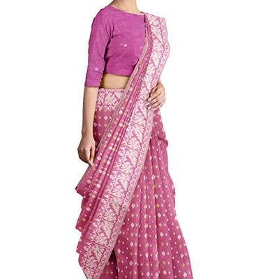 Anchol Saree Women's Traditional Bengal Cotton Silk Jamdani Saree. (Deep Pink)