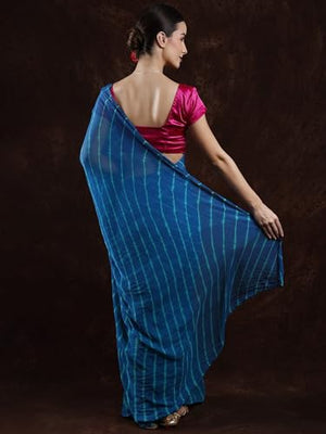 Exotic India Leharia Tie-Dye Sari from Jodhpur, Crystal Teal, Free Size