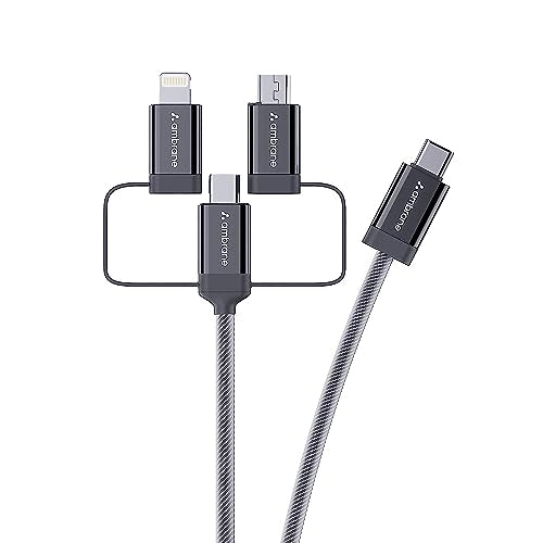 Ambrane 3 in 1 Type C, Lightning and Micro USB Cable Compatible with iPhone, Micro USB, Type C Devices, PD Technology, 60W Fast Charging, Multipurpose Cable for all devices (Trio-15, Black, 1.5m)