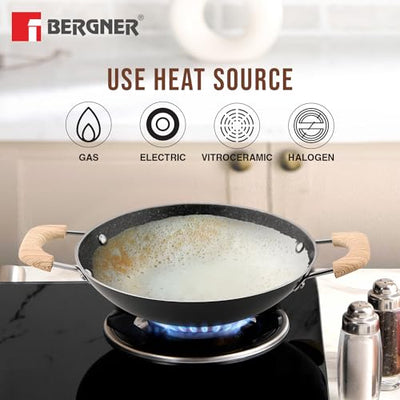 Bergner Bellini Plus Aura 5-Layer Non-Stick 20 cm Appachetty with Stainless Steel Lid, Wooden Finish Soft Touch Handle, Even Heat Distribution, PFOA Free, Gas Stove Compatible - Black