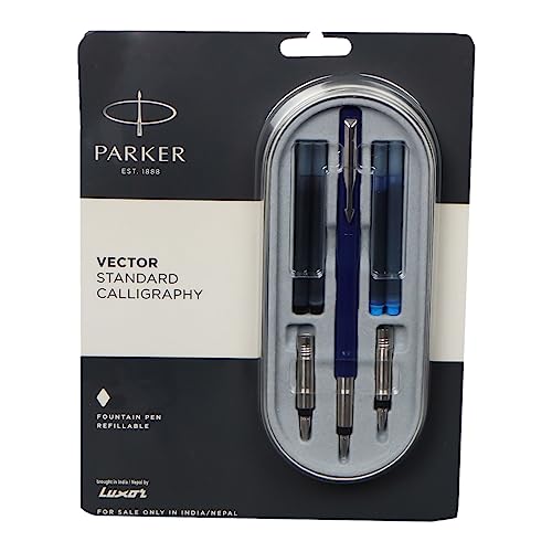 Parker Vector Standard Calligraphy Chrome Trim Fountain Pen - Blue Ink, Pack Of 1